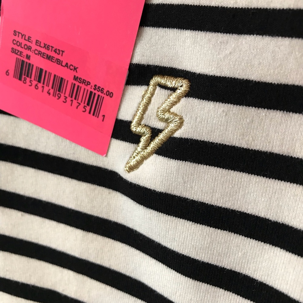 🔥 Betsey Johnson Gold Lighting Top Black Stripes - Picture 10 of 14